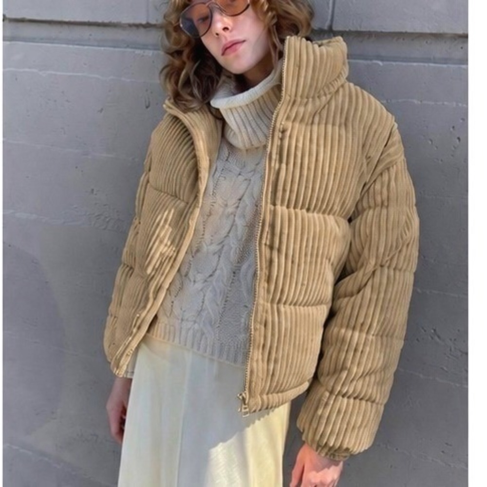 Oak + Fort Women Corduroy Puffer Jacket Large Tan Beige Quilted Coat OW-7445-W